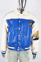Blue and white leather embroidered baseball jacket