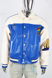 Blue and white leather embroidered baseball jacket