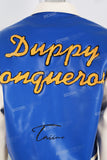 Blue and white leather embroidered baseball jacket