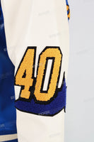Blue and white leather embroidered baseball jacket