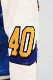 Blue and white leather embroidered baseball jacket