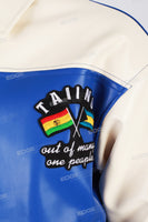 Blue and white leather embroidered baseball jacket