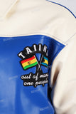 Blue and white leather embroidered baseball jacket