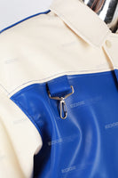 Blue and white leather embroidered baseball jacket