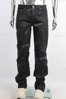 Black waxed zip up patchwork jeans