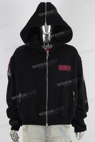 Black embroidered patchwork rhinestone hooded jacket