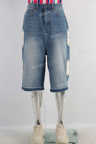 Blue patchwork rhinestome boot cut shorts