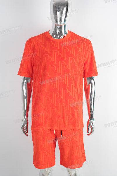 Orange oversize 3d jacquard t shirt and shorts set