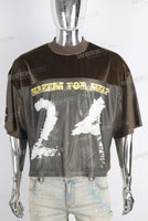 Green mesh mock neck velvet boxy oversize t shirt