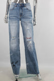 Blue digital print straight damaged jeans