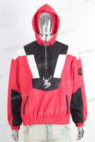 Red embroidered patchwork zip up hoodie