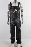 Black leather embroidered strap panrts