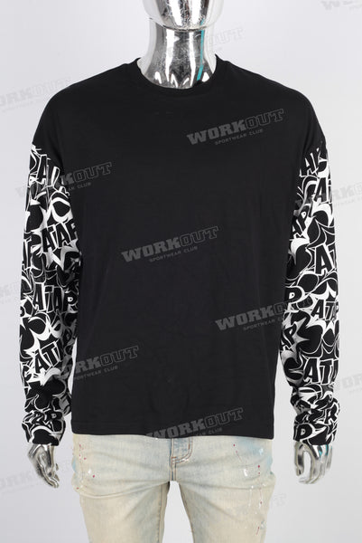 Black patchwork screen printing long shirt