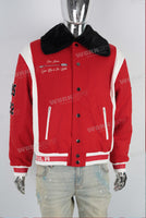 Black faux fur Collar patchwork embroidered red jacket