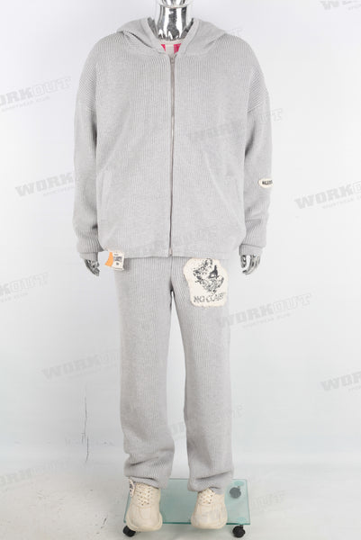 Grey patchwork hooded jacket and pants set