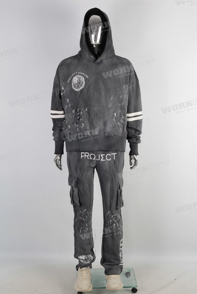 Black digital print paint splatters sun faded hoodie and pants set