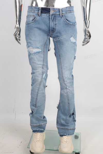 Tie-Dye Stitched Damaged Blue Jeans men