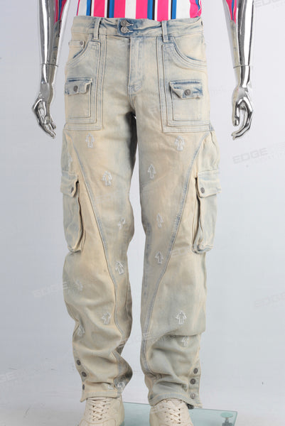 Patchwork cargo embroidered jeans