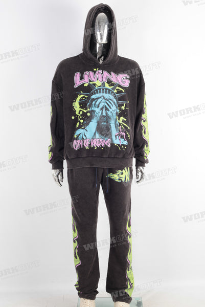 Acid washed digital print hoodie and pants set