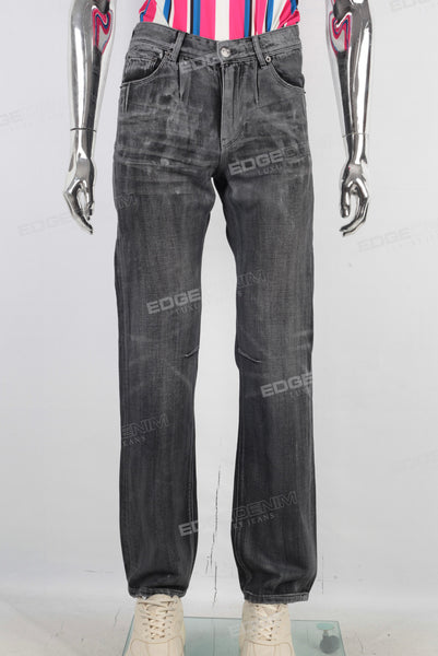 Black waxed acid washed straight jeans