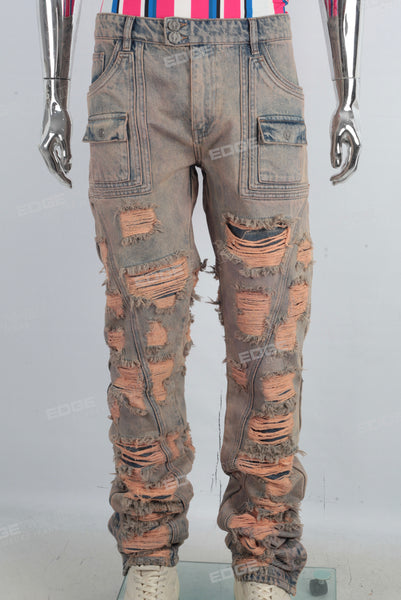 Acid washed damaged embroidered stack jeans