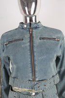Blue denim zip up jacket and boot cut skirt set