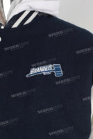 Blue embroidered leather hooded jacket
