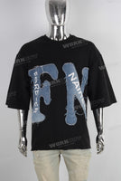 Black patchwork embroidered raw hem t shirt