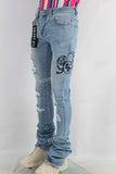 Blue damaged embroidered stack jeans