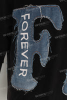 Black patchwork embroidered raw hem t shirt
