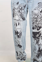 Blue screen print straight jeans