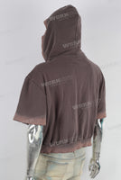 Short acid washed embossed zip up hooded jacket