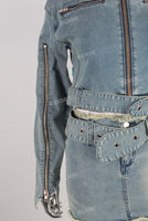 Blue denim zip up jacket and boot cut skirt set