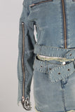 Blue denim zip up jacket and boot cut skirt set