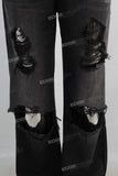 Black wide leg damaged boot cut jeans