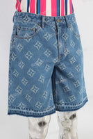 Blue laser baggy boot cut shorts