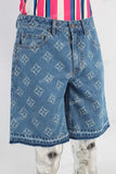 Blue laser baggy boot cut shorts
