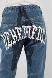 Blue digital print straight jeans women