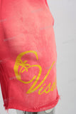 Red acid washed orange digital print boot cut shorts