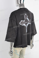 Black oversize digital print raw hem t shirt