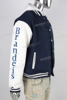Blue embroidered leather hooded jacket