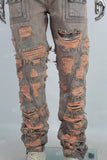 Acid washed damaged embroidered stack jeans