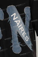 Black patchwork embroidered raw hem t shirt