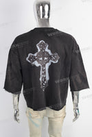 Black oversize digital print raw hem t shirt
