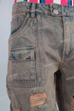 Acid washed damaged embroidered stack jeans