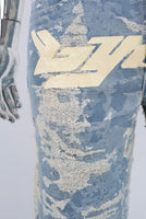 Blue straight damaged screen print jeans