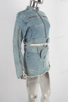 Blue denim zip up jacket and boot cut skirt set