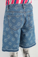 Blue laser baggy boot cut shorts