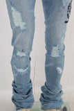 Blue damaged embroidered stack jeans