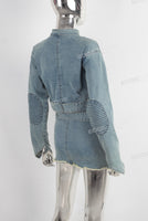 Blue denim zip up jacket and boot cut skirt set
